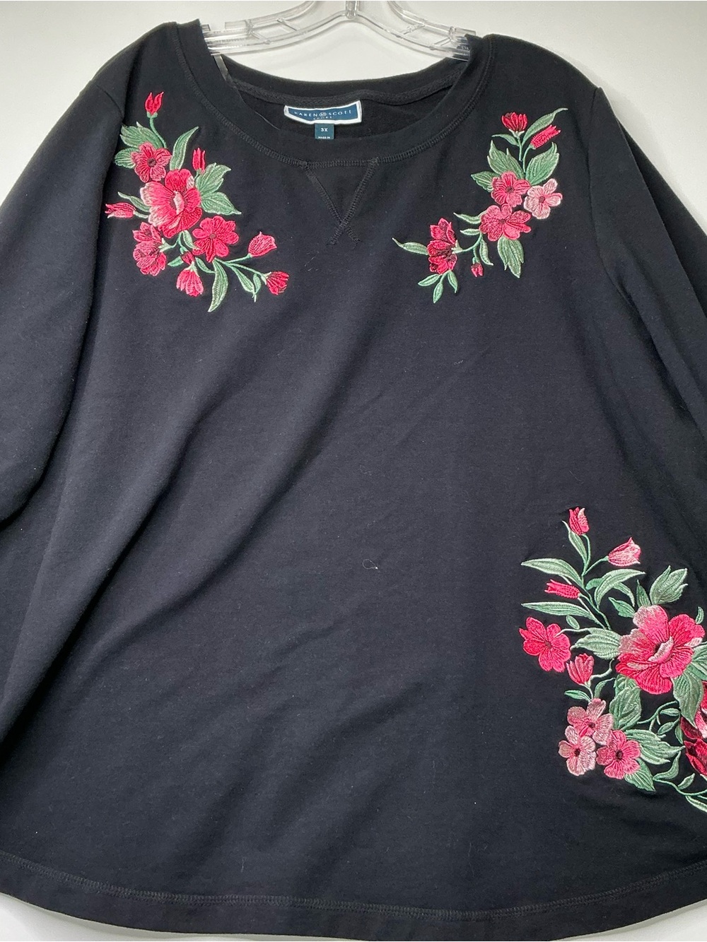 Karen Scott Women’s Top Black Red Pink & Green Floral Embroidered Cotton Top 3X